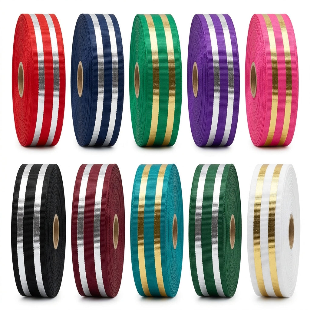 Striped Grosgrain Ribbon with Metallic Accent