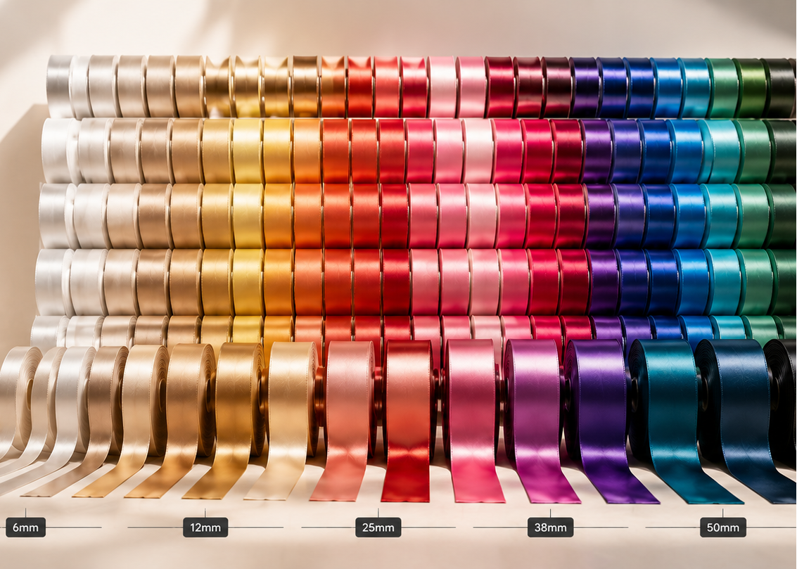 Colorful satin ribbon supply with promotional text on a white background